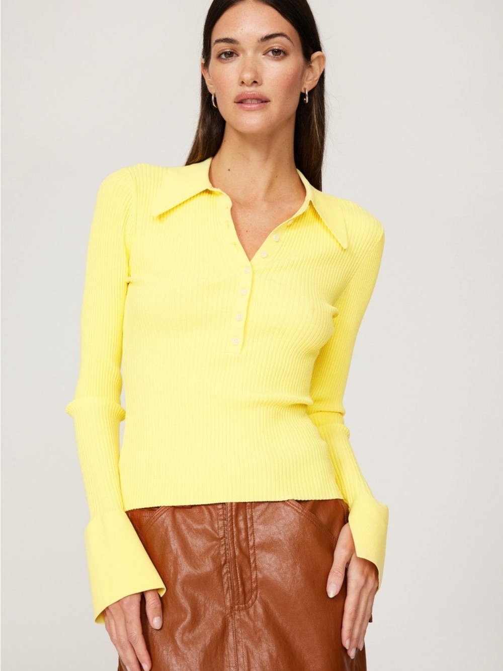 A.L.C. Ribbed Long Sleeve Polo Top in Yellow